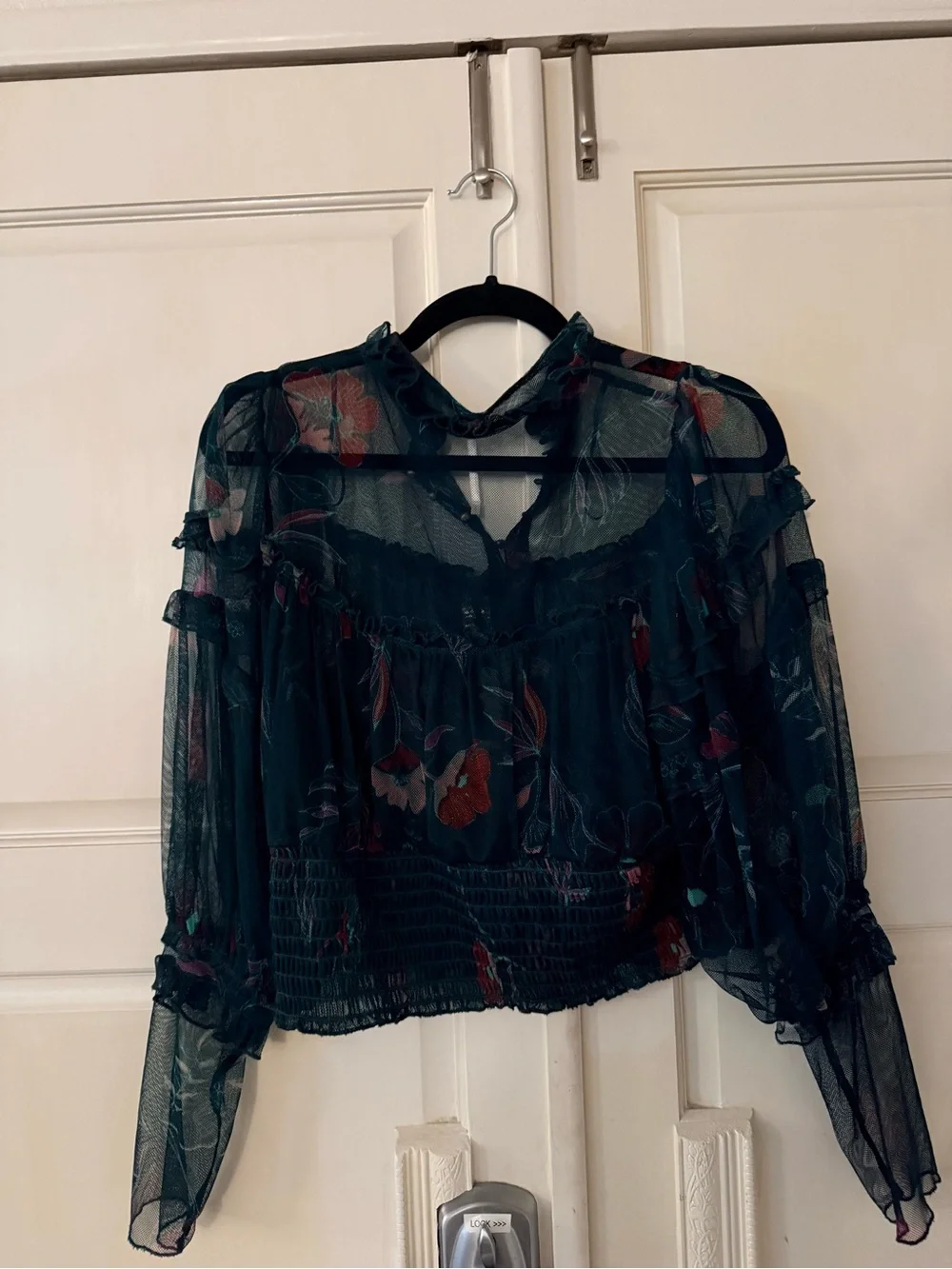 Free People Sheer Floral Dark Teal Long-Sleeve Blouse